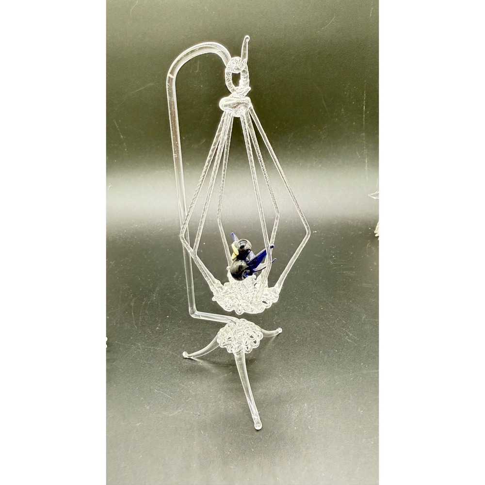 Hand Spun Glass Bird in Hanging Cage Figurine Blue Clear Art Glass Sculpture